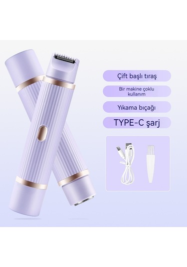 Epilatör Bayan Çift Başlı Tıraş Cihazı Özel Kasık Kılı Düzeltici Elektrikli Kazıyıcı Erkek Ve Kadın Epilasyon Aleti Çift Kafalı Mor Çizgili İngilizce