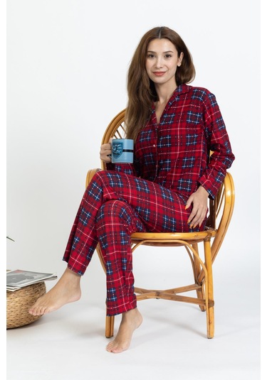 Yeni Sezon Düğmeli Süet Kadın Pijama Takımı 5503-kırmızı Kırmızı