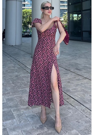 Madmext Siyah Desenli Yırtmaçlı Uzun Elbise Mg2004-siyah Siyah