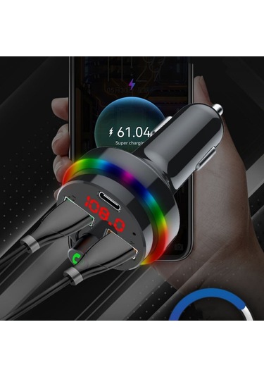 Pdf16 Araba Bluetooth 5.0 Fm Verici Renkli Ortam Işığı Tip C Çift Usb Hızlı Şarj Cihazı