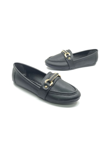 Mehtap Toka Detaylı Delikli Düz Taban Kadın Babet Ayakkabı Siyah