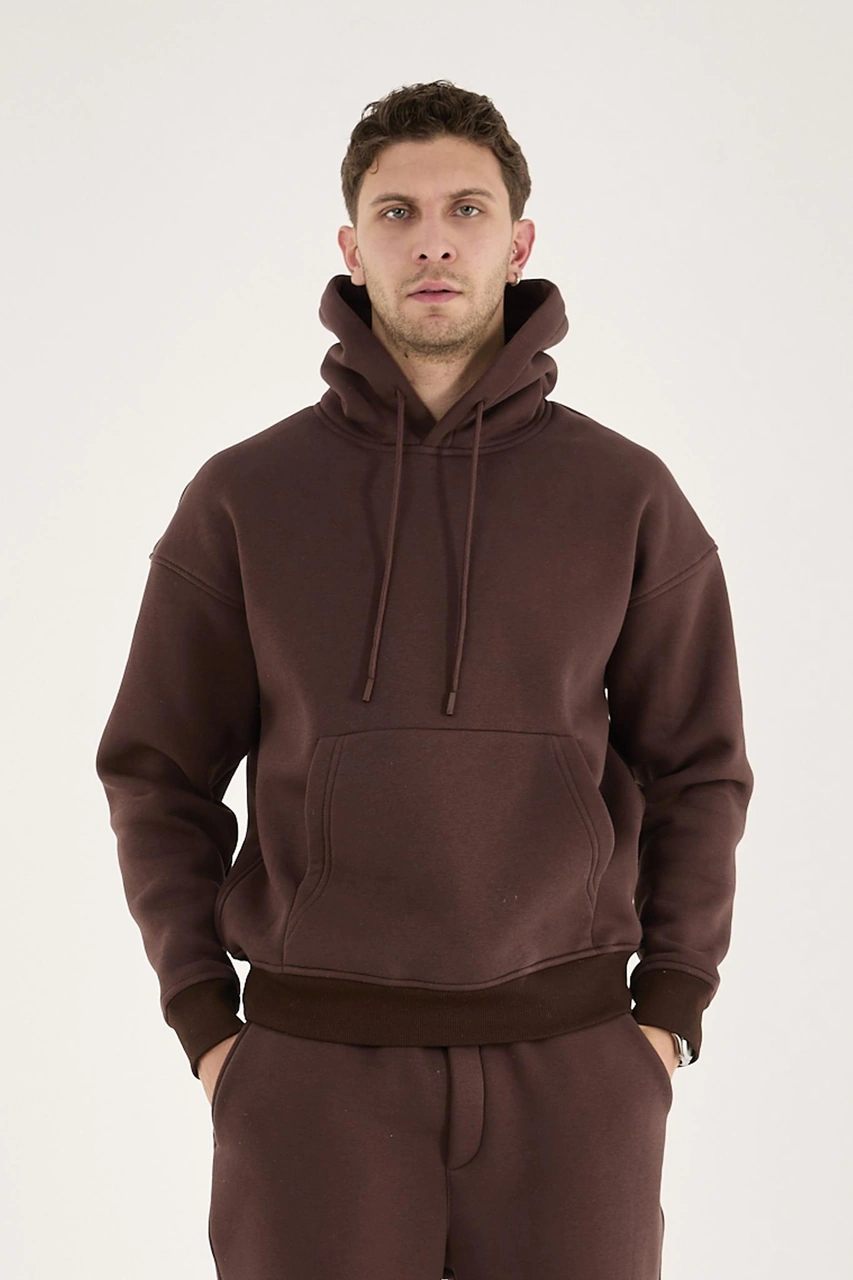 Q-4008 Kapüşonlu Üç İp Şardonlu Sweat Kahverengi