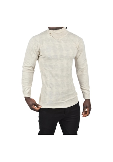 Deepsea Erkek Bej Slim Fit Baklava Desenli Tam Balıkçı Yaka Boğazlı Triko Balıkçı Yaka Kazak 2505507 Bej