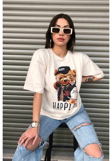 Modagen Kadın Happier Oversize Baskılı Bej T-shirt Hp Bej