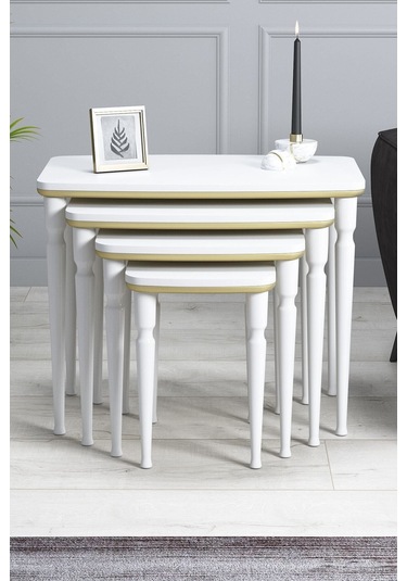 Imaj Mdf Ve Lake Boya, Beyaz-gold 4lü Zigon Sehpa Takımı, Beyaz Gürgen Ayaklar Sehpalar Beyaz-gold Ayaklar Beyaz