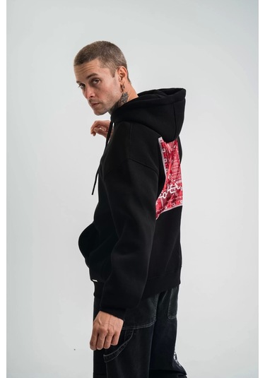 Double Oversize Kapşonlu Dijital Patchli Sweatshirt - Siyah