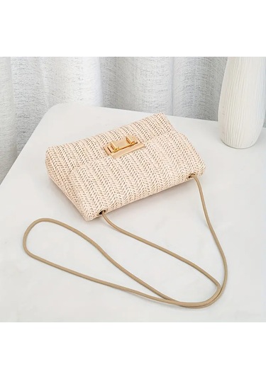 Dokuma Düz Renk Bej Tokalı Omuz Çantası Bej