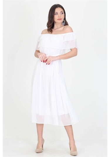 Neşeli Butik Kadın Yeni Sezon Madonna Yaka Bağlama Detaylı Şifon Elbise Ry8060 Beyaz