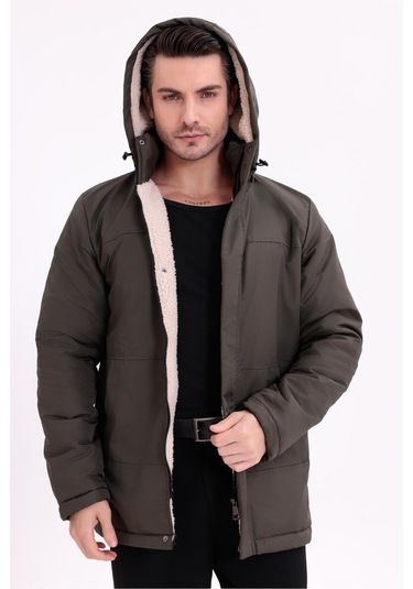 Erkek İçi Kürklü Çıkma Kapüşon Su Ve Rüzgar Geçirmez Kapüşonlu Kışlık Mont & Kaban & Parka Haki