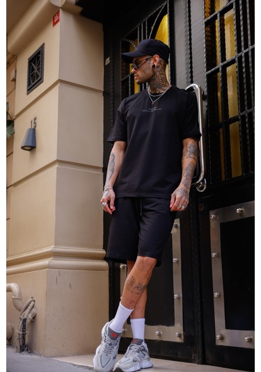 Siyah Renk Bisiklet Yaka Şort Tişört Takım-1707 Siyah