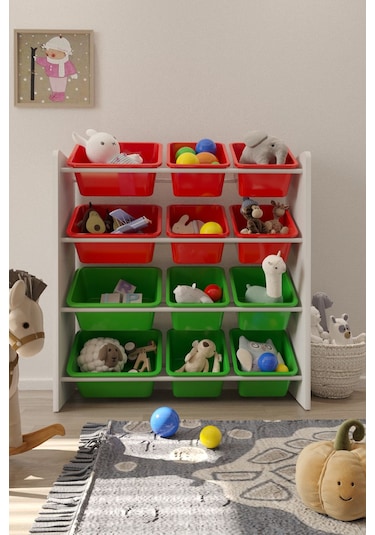 12 Sepetli Çok Amaçlı Oyuncak Dolabı Montessori Dolap Kırmızyeşil Kırmızı - Yeşil