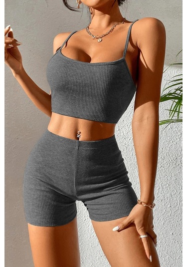 Kadın Antrasit Gri Şortlu Kaşkorse Gecelik Takım Çok Renkli