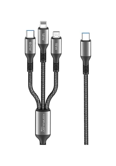 Dc62 3in1 Type-c To 60w Type-c / 12w Lightning / 15w Micro 1.2m Hızlı Şarj Kablo - Siyah