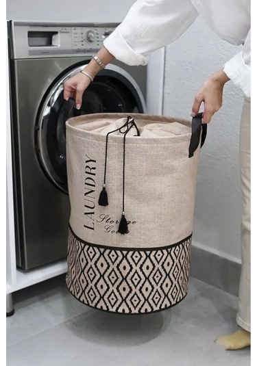 Bohe Bej Kumaş Büzgülü Çamaşır Sepeti-çocuk Oyuncak Düzenleyici-çok Amaçlı Sepet 35x35x50cm Gri-beyaz