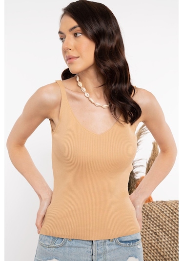 Aqe Fashion İp Askılı Camel Bluz Camel