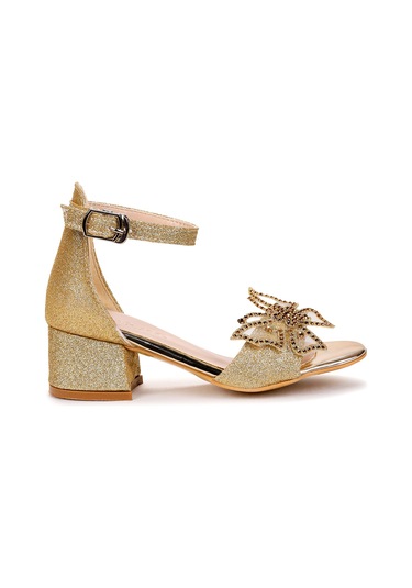 Kiko Kids Zete Kum Simli Kız Çocuk 4 Cm Topuklu Sandalet Abiye Ayakkabı Altın Altın