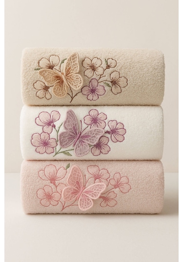 3'lü Lüks %100 Pamuklu Mutfak Havlusu Seti 3d Kelebek Aplikeli 30x50 Cm Çok Renkli