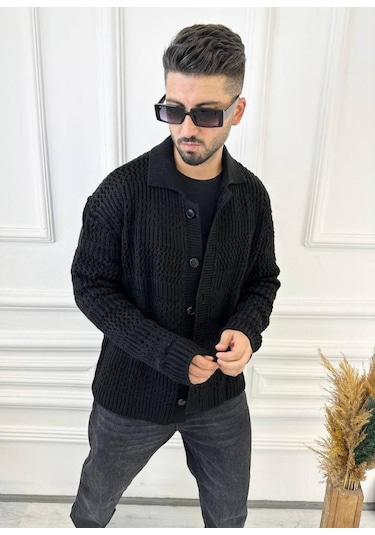 Elku Moda Hırka Oversize Özel Örgülü Triko Desenli Salaş Örgü Hırka Siyah