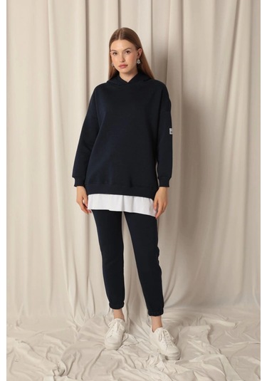 Üç İplik Kumaş Kapüşonlu Kadın Lacivert Sweat Çok Renkli