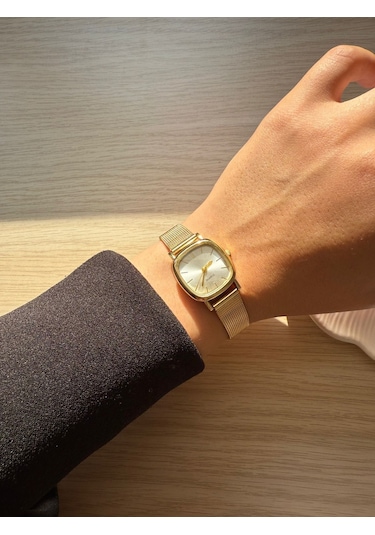 Retro Minimal Hasır Kordon Vintage Kadın Kol Saati Kasa Kare Altın 0021