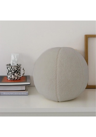 Woodesk Ballo, Dekoratif Top Kırlent, Yastık, Çap 25 Cm, Bej Renk