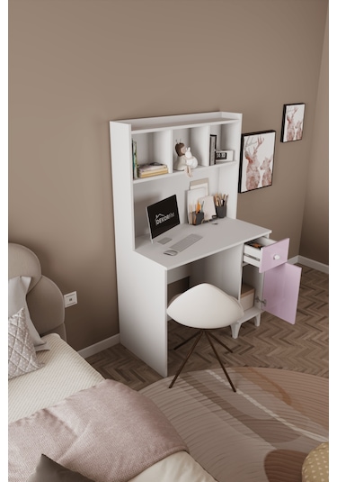 Df09107 Çekmeceli Kapaklı Kitaplıklı Çalışma Masası Pembe