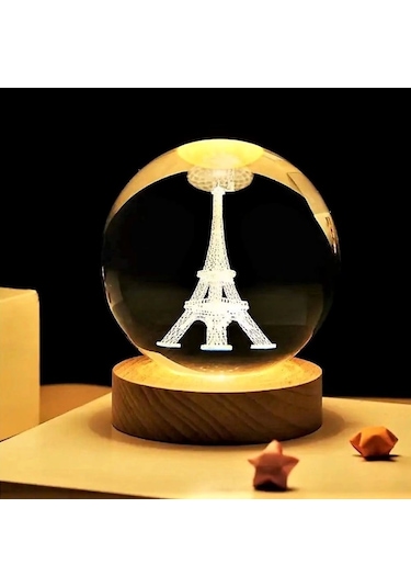 Dekoratif Eyfel Kulesi Tasarımlı Ahşap Altlıklı Işıklı Cam Küre Cam:6cm Ahşap:2cm Diğer