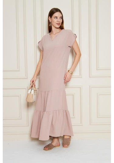 Kadın Uzun Eteği Fırfırlı Kısa Kol Apolet Detaylı Salaş Günlük Rahat Elbise 3761366 Pudra