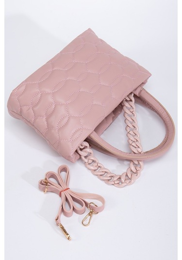 Kapitone Dikişli Zincirli Pembe Kadın Omuz Çantası-1984 - Pembe