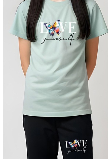 Fyk Kids Kız Çocuk Baskılı Love Your Self Bel Detayı Lastikli Alt-üst Takım Mint Yeşil Mint Yeşili