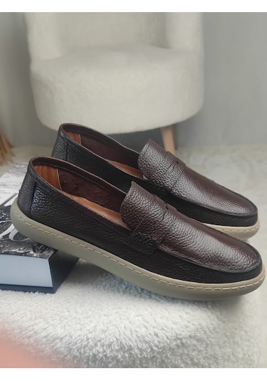 Muggo Harnaz Bağcıksız Hakiki Deri Erkek Günlük Casual Ayakkabı Kahverengi