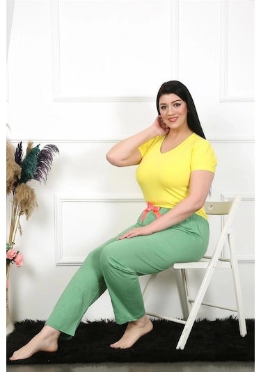 Lenaca Kadın Pamuklu Büyük Beden Alt Pijama Yeşil Yeşil