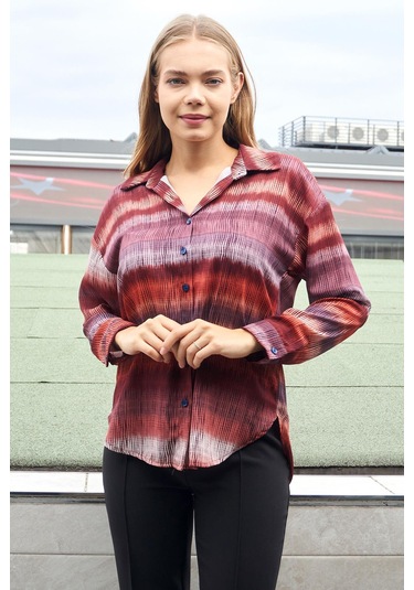 Kadın Desenli Yakalı Düşük Omuzlu Uzun Kol Şık Ofis Gömlek-Kiremit Çizgi Kiremit Çzg.