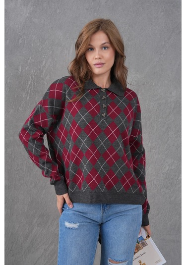 Kadın Polo Yaka Yarım Pat Düğme Detay Desenli Oversize Triko Kazak Antrasit