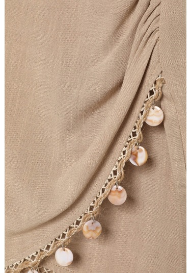 Quzu Midye Kabuk Aksesuarlı Keten Bej Kadın Etek Etk00451 Bej