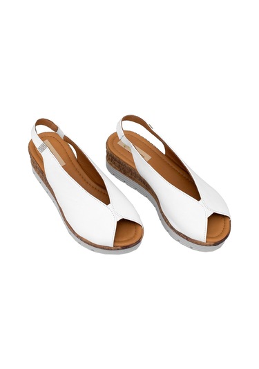 Elit Zeyn8094 Kadın Hakiki Deri Ortopedik Dolgu Topuk Sandalet Beyaz Beyaz