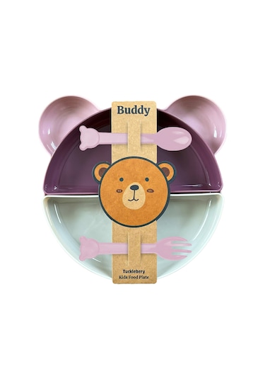 Tucklebery Buddy Mama Tabağı ve Çatal Kaşık Seti Pembe - Mor - Bej