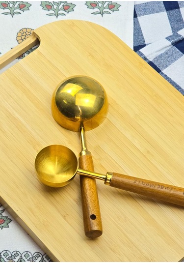 Ahşap Saplı Gold Ölçü Kaşığı Takımı - 2'li Kahve Ölçüm Kaşığı - 30 + 60 Ml Ahşap