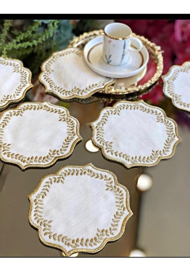 Yuvarlak Gold 6'lı Linen Keten Kahve Yanı Kokteyl Sunum Parti Peç