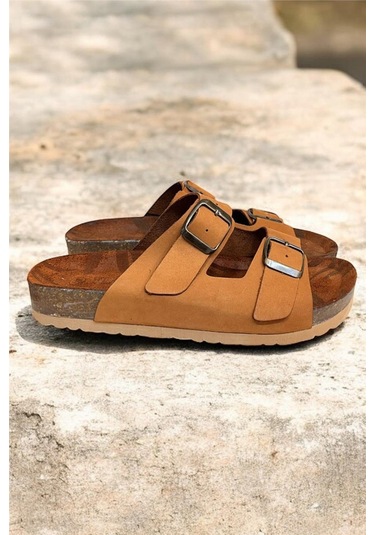 Taba Hakiki Deri Nubuk Çift Bant Tokalı Mantar Taban Terlik Taba