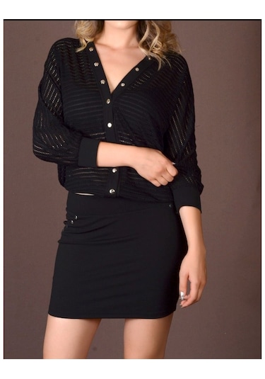 Önü Çıtçıtlı File Hırka Etekli Kadın Mini Takım