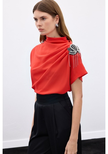 Topshow Sateen Şık Salaş Bluz Kırmızı