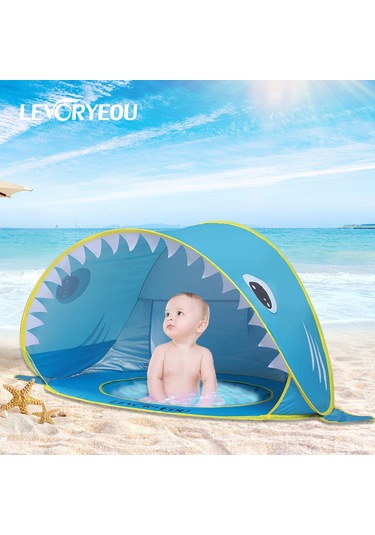 Tenfowee Mavi Köpekbalığı Desenli Çocuk Plaj Çadırı - Otomatik Açılışlı, Güneşten Koruyucu, Çift Kişilik Aile Ve Çocuklar İçin Sahne Ve Oyun Odası Mavi