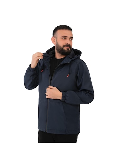 Freemen Erkek Lacivert Astarlı Kanguru Su Ve Rüzgar Geçirmez Kapüşonlu Yağmurluk Lacivert