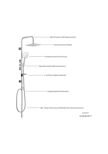 ECA Dalia Banyo Bataryası+T-MAY Banyo Çamlıca Kare Tepe Duş Takımı Seti Paslanmaz Krom