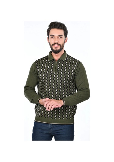 Kamalı Erkek Çelik Örgü Gömlek Yaka Fermuarlı Polo Yakalı Tüylenmez Triko Kışlık Baba Kazak Haki