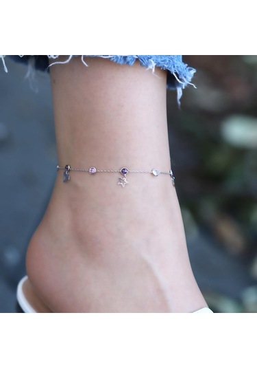 Renkli Zirkon Taşlı Figürlü Gümüş Halhal Gümüş