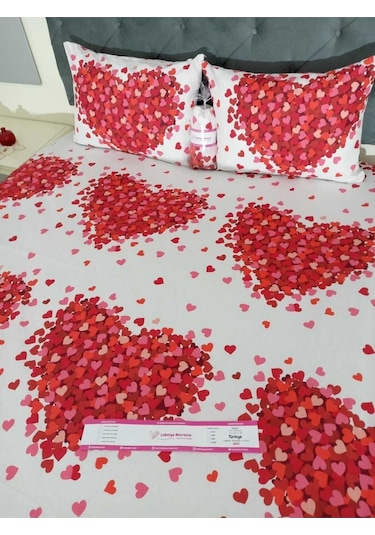 Çift Kişilik Lastikli Çarşaf Takımı - Kırmızı Kalpli Kırmızı