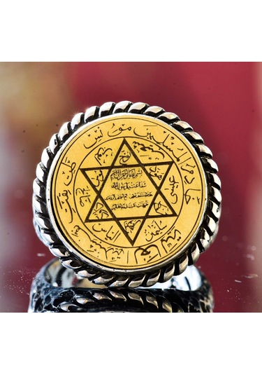 Erkekler İçin Sterlin Gümüş Yüzük - David Yıldızı Tılsımı İle Yazılı İslami Sözler Gümüş