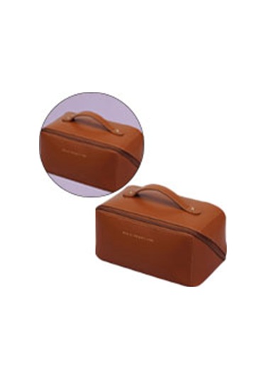 Pu Deri Tuvalet Çantası, Su Geçirmez, Büyük Kapasiteli, Bölmeli Tasarım, Taşınabilir, Narin Kozmetik Makyaj Çantası, Kahverengi Diğer